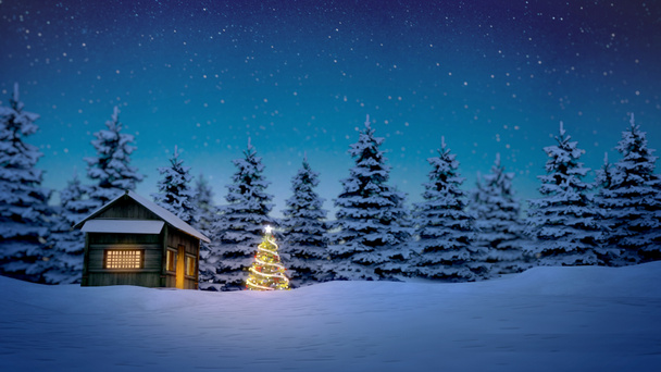 wooden cabin and christmas tree - Photo, Image