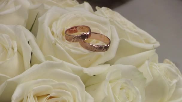 Свадебные золотые кольца на цветах роз, летнее время на открытом воздухе
 - Кадры, видео