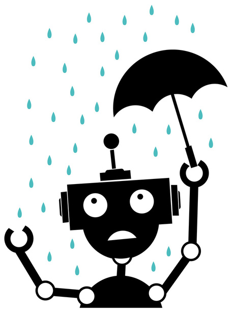 Robot de silueta infeliz en la lluvia sosteniendo paraguas
 - Vector, imagen