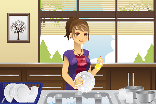 Housewife washing dishes - Vector, Image