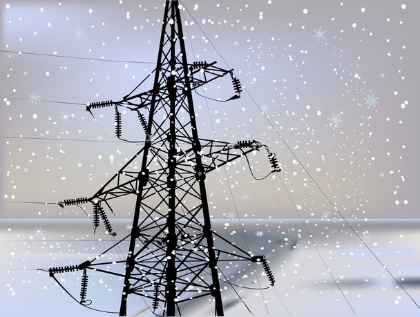 electric power pylon under snowfall - Vector, Image