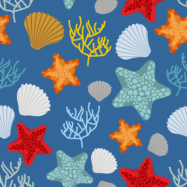 Marine seamless pattern. Starfish, scallop and corals. Clam shel - Vektör, Görsel