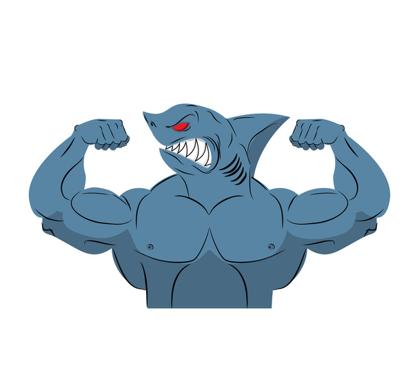 Strong shark athlete. Fish bodybuilder with huge muscles. Sports - Vector, Image