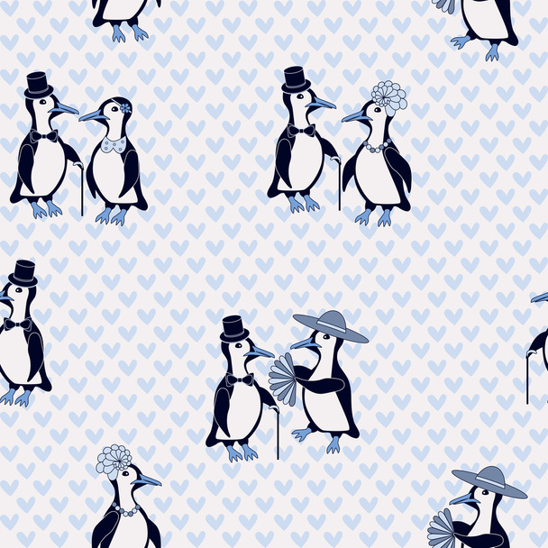 κυρίες και κύριοι πιγκουΐνους σε μπλε φόντο με καρδιές - Διάνυσμα, εικόνα