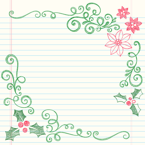 Christmas Holly and Poinsetta Sketchy Doodles - Διάνυσμα, εικόνα