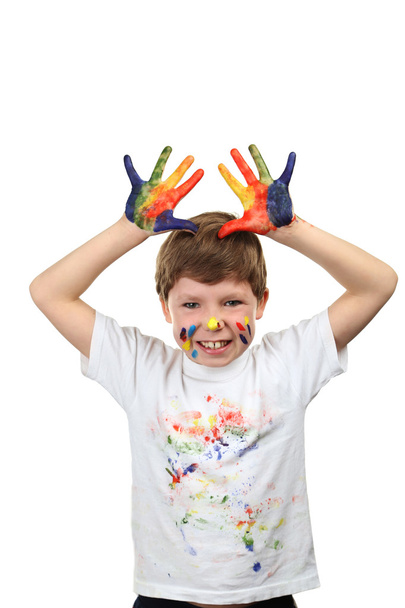 Portrait of beautiful little boy with paints on hands isolated o - Photo, image