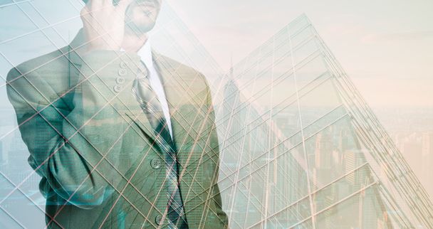 Double exposure concept with thinking businessman. - Photo, image
