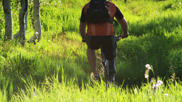 Hombre montando bicicleta de montaña a través de colina cubierta de hierba
 - Imágenes, Vídeo