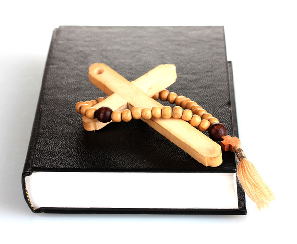 Bible, rosary and wooden cross isolated on white - 写真・画像