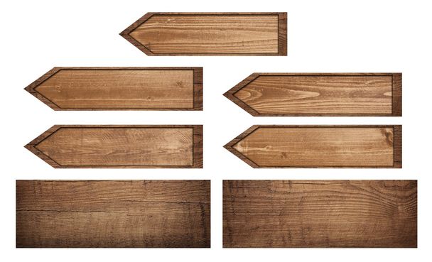 Conjunto de flechas de madera envejecidas con tabla de cortar aislada sobre fondo blanco
 - Foto, Imagen