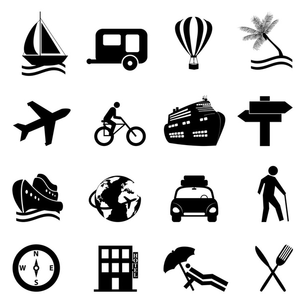 Szabadidő, utazás és szabadidő ikon készlet - Vektor, kép