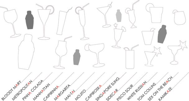 Cocktails Silhouetten setzen Hintergrund mit populären Namen. Vektorillustration - Vektor, Bild
