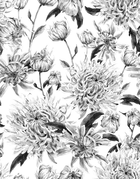 C ビンテージ白黒水彩花柄シームレス背景 - 写真・画像