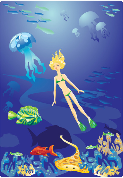 Mergulho no Mar Vermelho - menina e peixes
 - Vetor, Imagem
