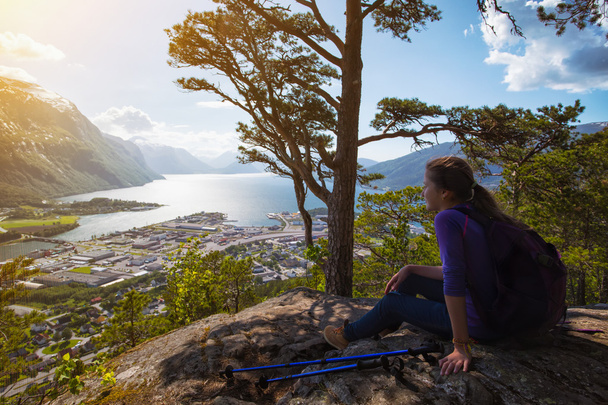 tourist girl and Romsdalsfjorden - Photo, Image