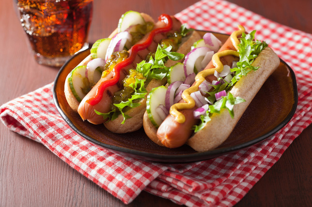 sült hot dog, zöldség ketchup mustár - Fotó, kép