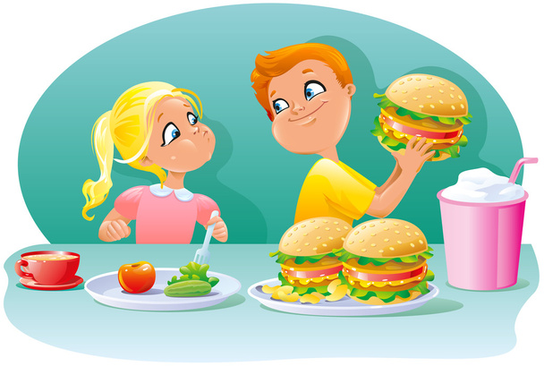 Kis gyermek fiú és lány eszik egy egészséges, nagy szemét élelmiszer szendvicsek hamburgert sajtburgert chips, snack - Vektor, kép