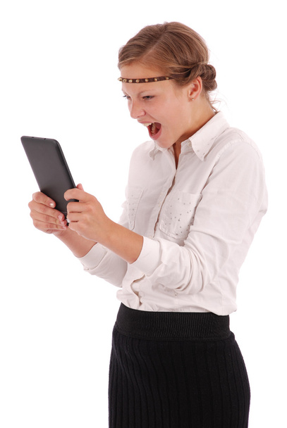 Dziewczyna krzyczy tablet pc - Zdjęcie, obraz