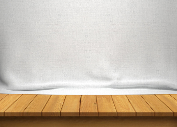 Table en bois avec fond en tissu blanc
 - Photo, image