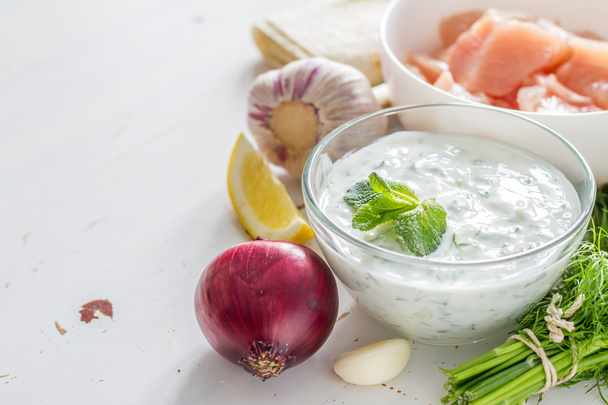 Tzatziki sauce and meat for kebabs - Photo, image