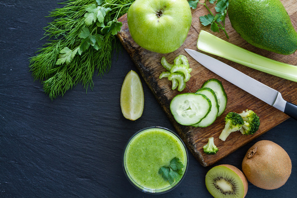 Green smoothie and ingredients - Photo, Image