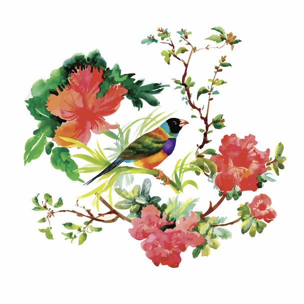 Watercolor hand drawn pattern with tropical summer flowers of and exotic birds - Vettoriali, immagini