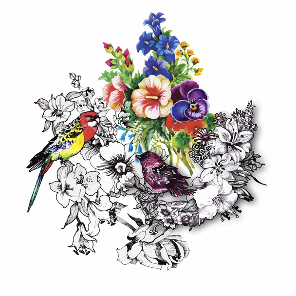 Padrão desenhado à mão aquarela com flores tropicais de verão e pássaros exóticos
 - Vetor, Imagem