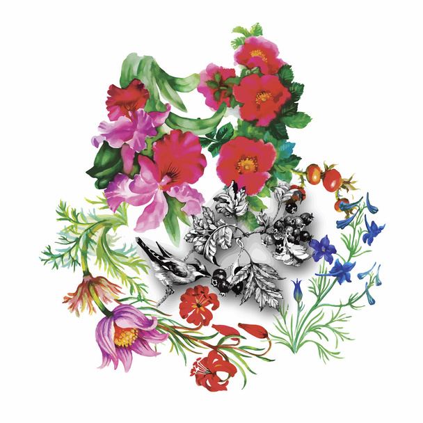 Aquarelle motif dessiné à la main avec des fleurs tropicales d'été et des oiseaux exotiques
 - Vecteur, image
