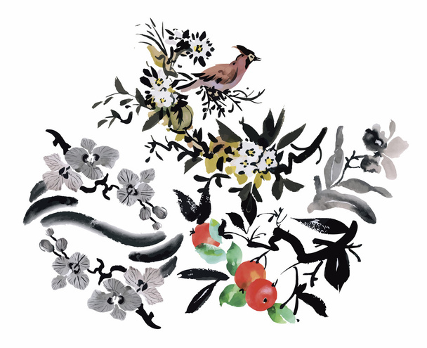 Acuarela patrón dibujado a mano con flores tropicales de verano y aves exóticas
 - Vector, imagen