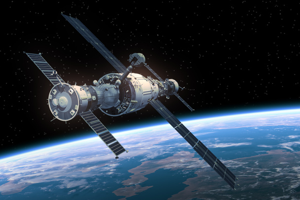 Διαστημικός σταθμός σε τροχιά γύρω από την γη. 3D σκηνή. - Φωτογραφία, εικόνα