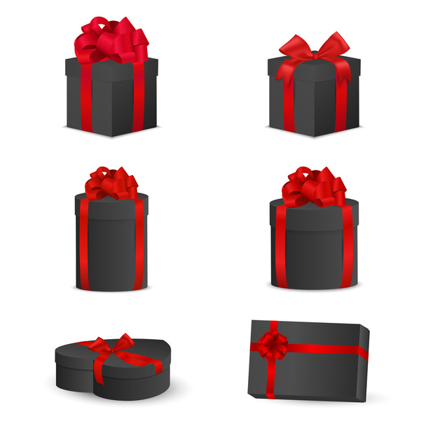 Set of black gift boxes with red bows and ribbons. - Vektor, Bild