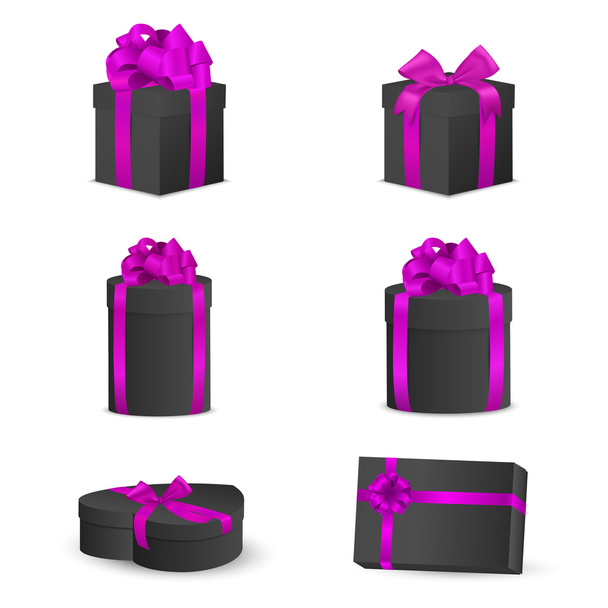 Set of black gift boxes with pink bows and ribbons. - Vektor, Bild