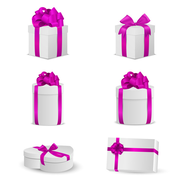Set of white gift boxes with pink bows and ribbons. - Вектор,изображение
