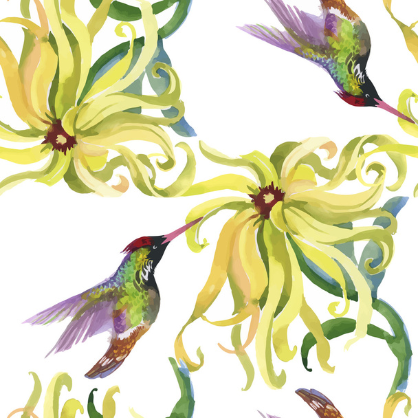 Τροπικά άνθη ακουαρέλα άνευ ραφής μοτίβο με colibris και λουλούδια. Υδατογραφία. - Διάνυσμα, εικόνα