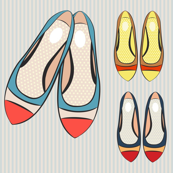 Vector illustration of fashion women's flat shoes on a striped background - Διάνυσμα, εικόνα