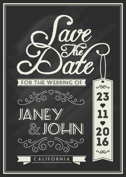 Save the date card template design with typography and flourish line art - Vector, Image