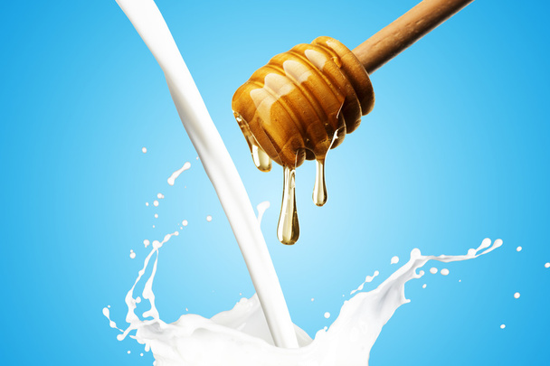 Honey dipper and milk splash - Foto, imagen