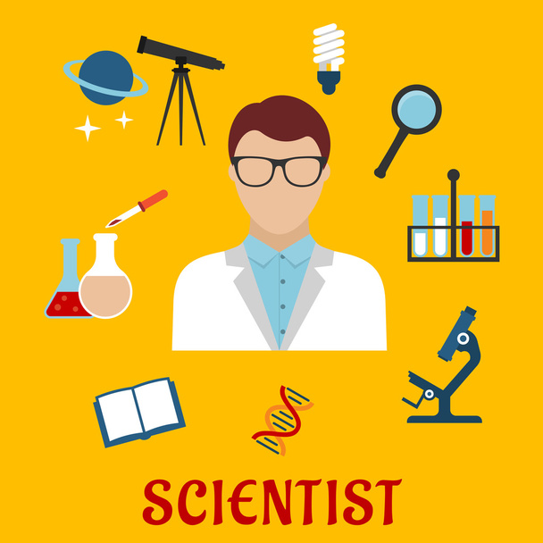 Scientist and laboratory equipment flat icons - Διάνυσμα, εικόνα