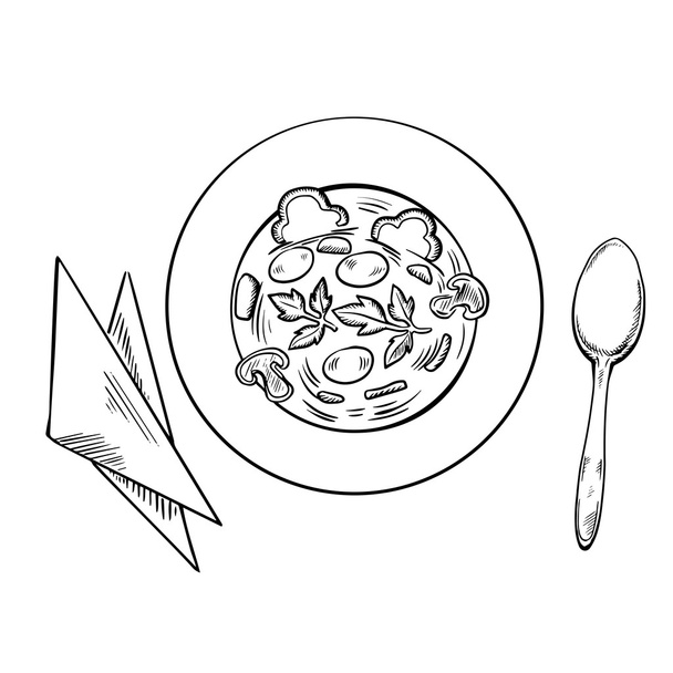 Вегетарианский суп с ложкой и салфетками
 - Вектор,изображение
