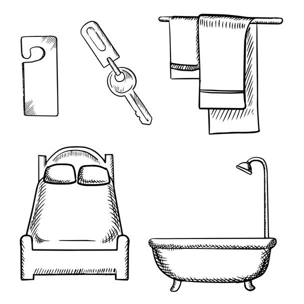 Key, door tag, bed, bathroom and towels sketch - Vektor, kép
