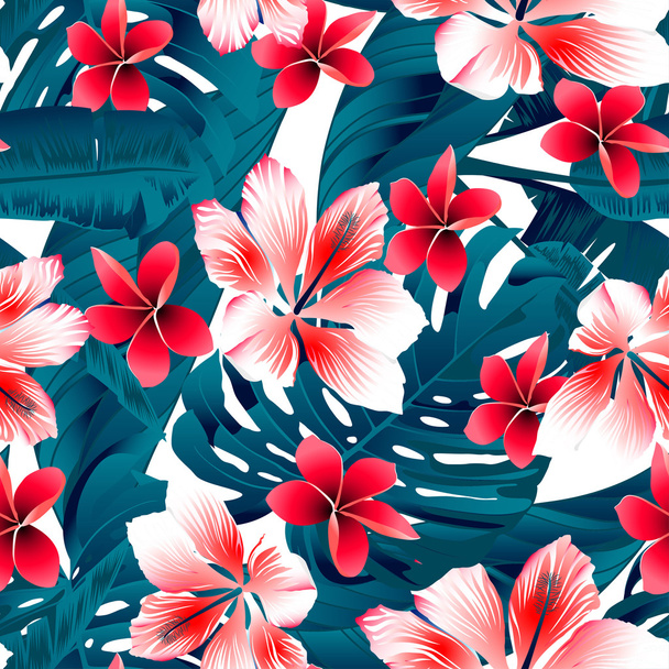 Red and white tropical hibiscus flowers seamless pattern - Vector, Image