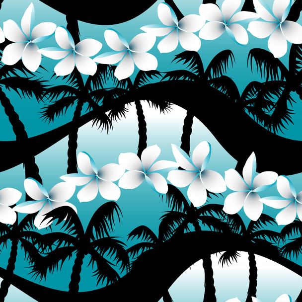 Blauwe tropische frangipani bloemen met palm tree naadloze patroon - Vector, afbeelding