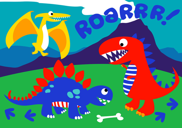 3 Cute dinosaurs standing on a hill - Vector, Image