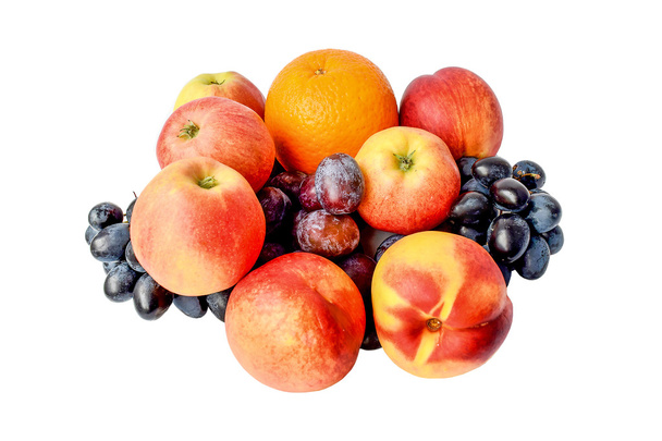 Fresh juicy fruits - oranges, nectarines, grapes, plums and apples - Фото, изображение