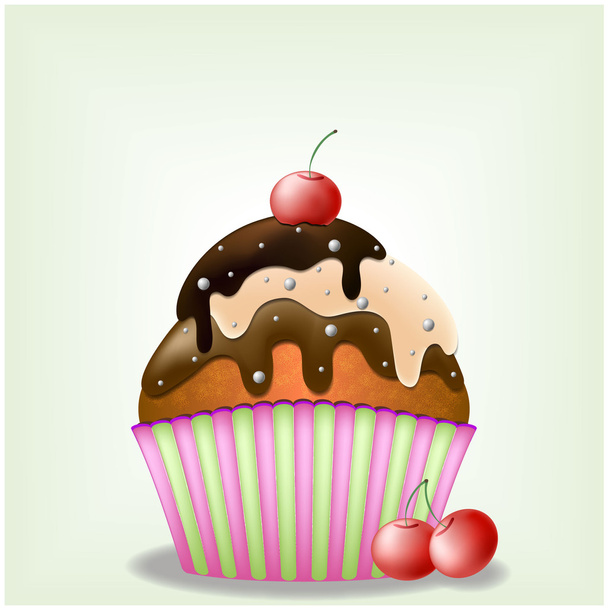 Delicious Three Chocolate Creamy Yammy Cupcake with Sweets and Cherry Berries - Vector, Image