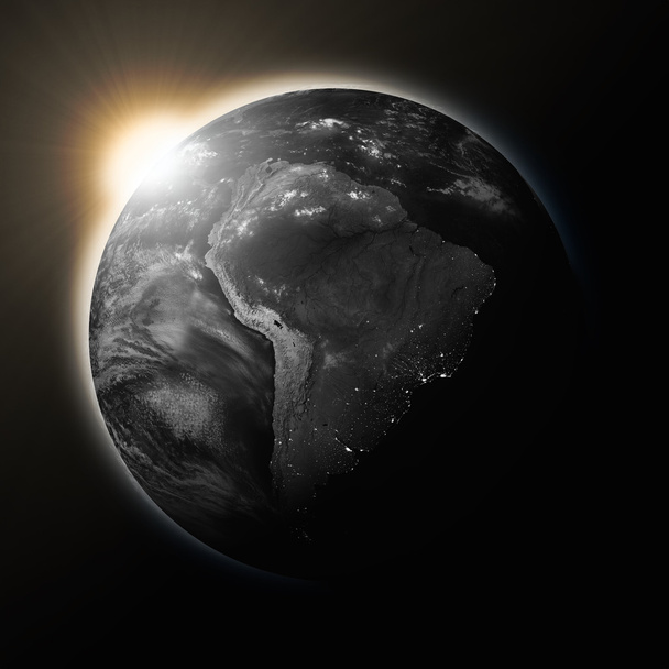 Slunce nad Jižní Ameriky na temné planetě Zemi - Fotografie, Obrázek