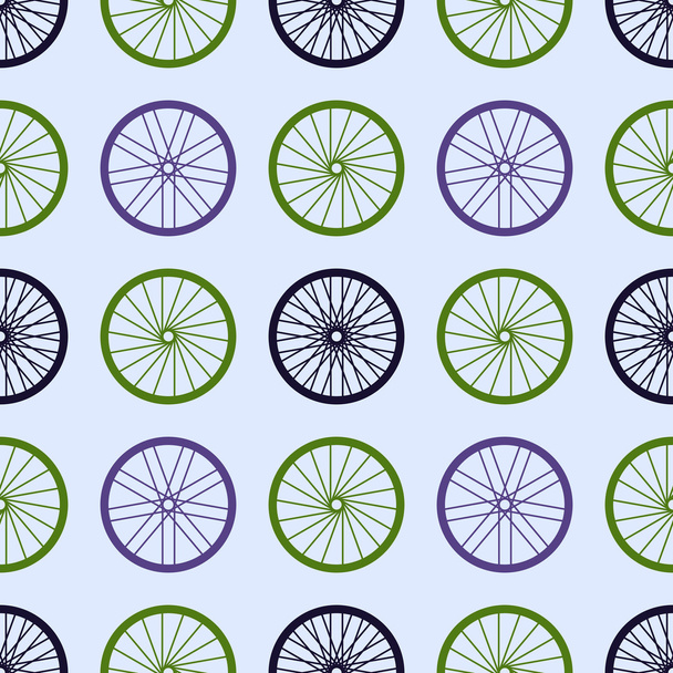 Seamless pattern with bike wheels. Bicycle wheels with colored rims and spokes. Vector illustration. - Vector, Image