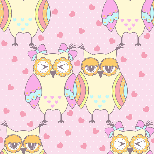 Seamless pattern with owls in love on a pink background - Vettoriali, immagini