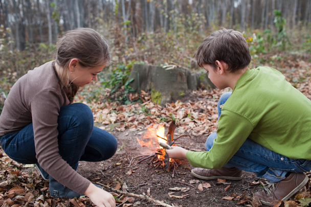Children starting a campfire - Zdjęcie, obraz