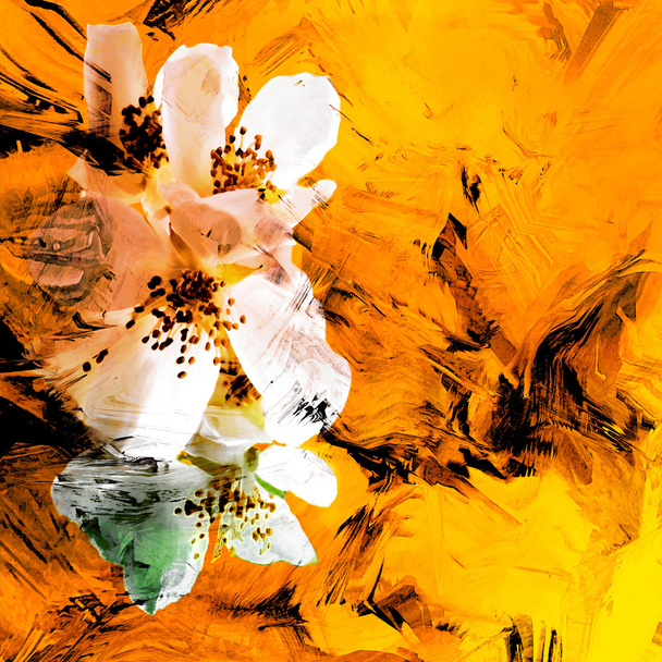 Цветочный фон со стилизованными белыми цветами айвы на гранжевом фоне в цветах сепии
 - Фото, изображение